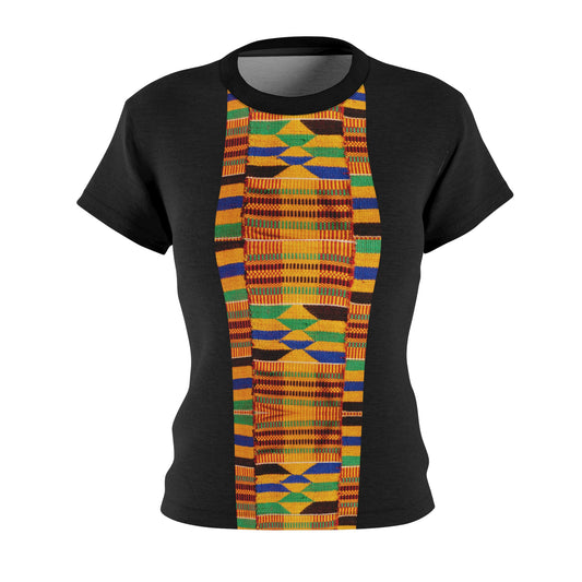 Kente Print Women's Cut & Sew Tee (AOP) stripe pattern/black