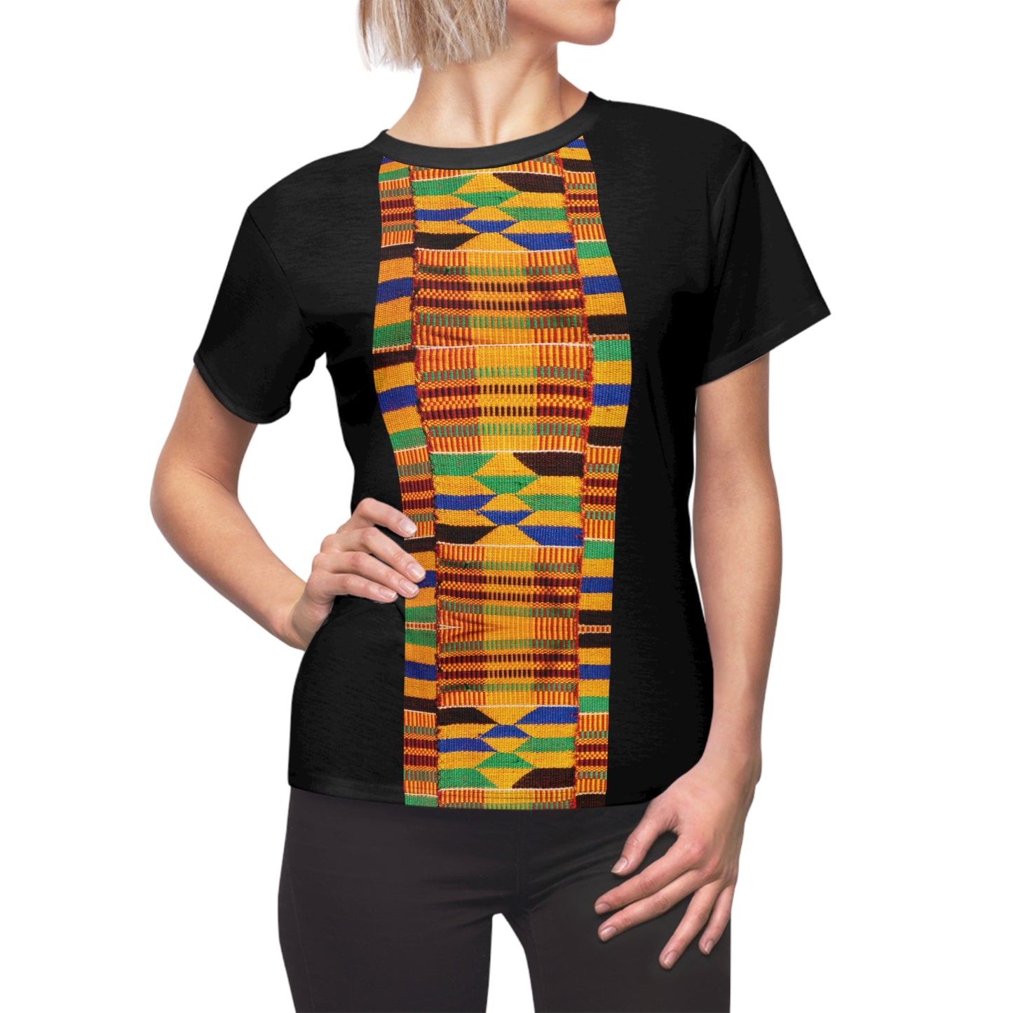 Kente Print Women's Cut & Sew Tee (AOP) stripe pattern/black