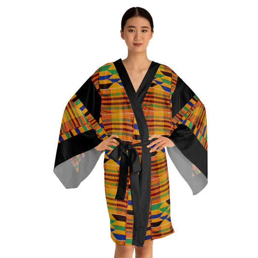 Kente Print Long Sleeve Kimono Robe (AOP) black