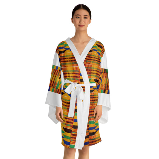 Kente Print Long Sleeve Kimono Robe (AOP) white