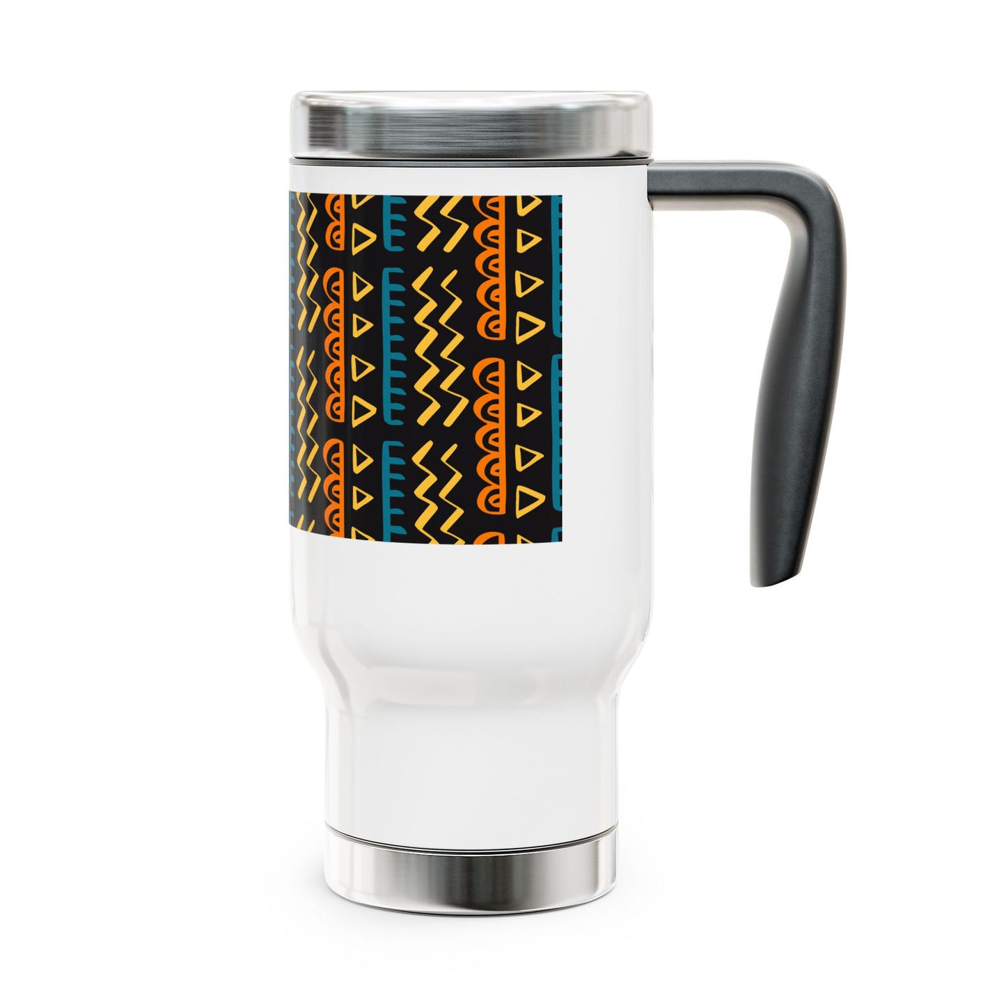 Tribal Print Stainless Steel Travel Mug with Handle, 14oz black/multicolor