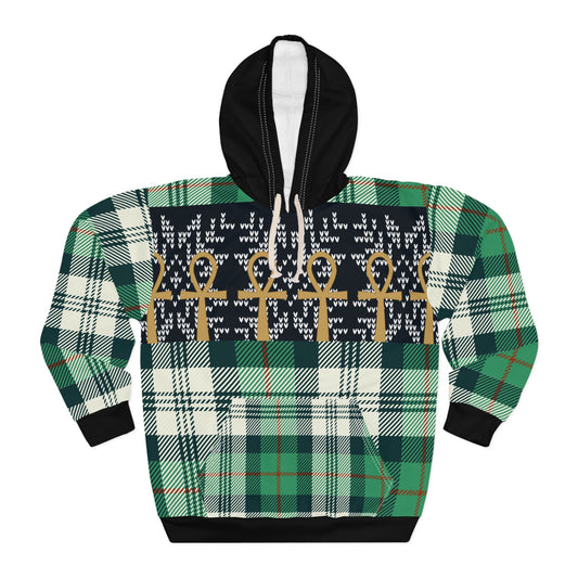 Ankh Plaid Unisex Pullover Hoodie (AOP), Green/ Black/ Gold