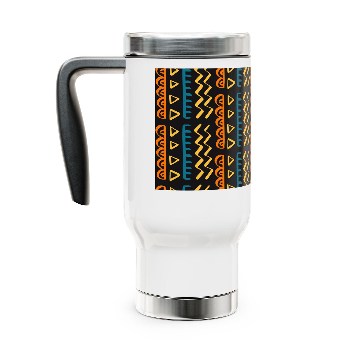 Tribal Print Stainless Steel Travel Mug with Handle, 14oz black/multicolor