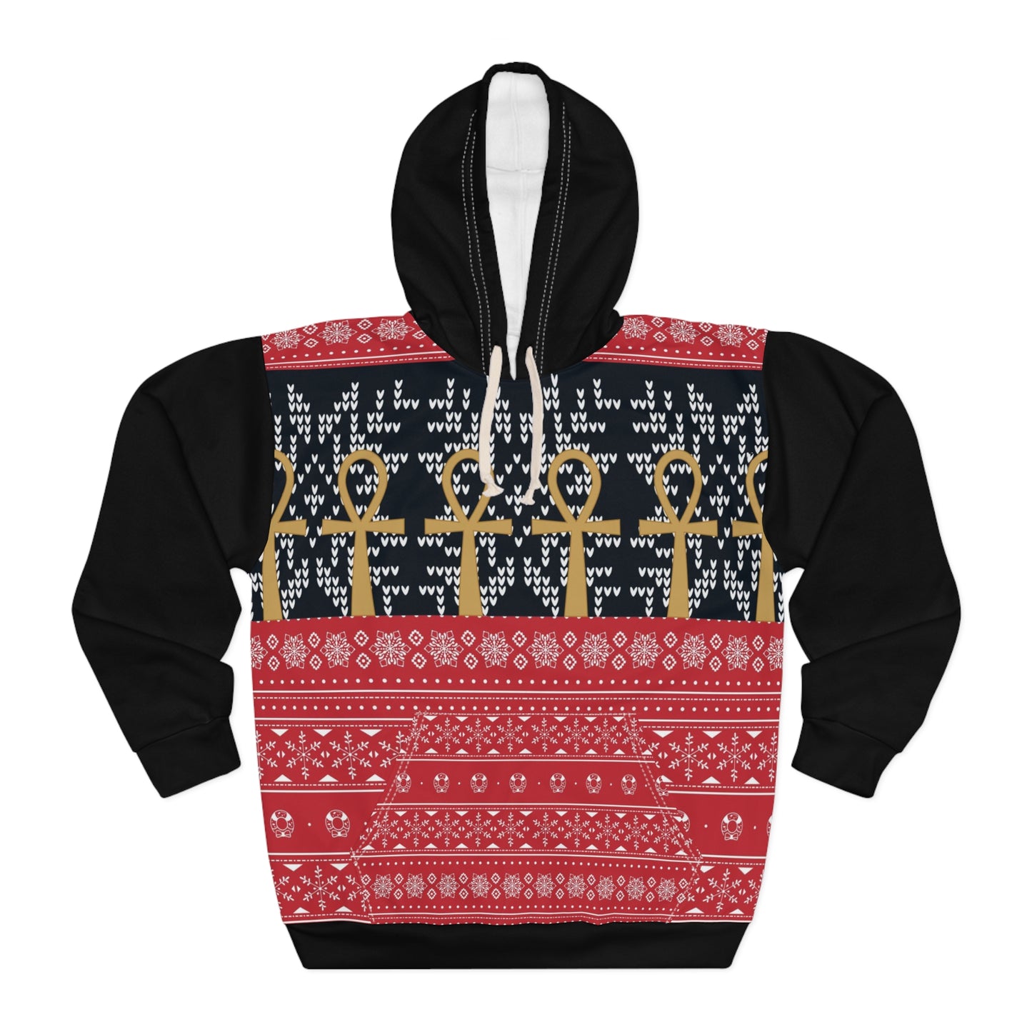 Ankh Christmas Unisex Pullover Hoodie (AOP), Red/ Black/ Gold