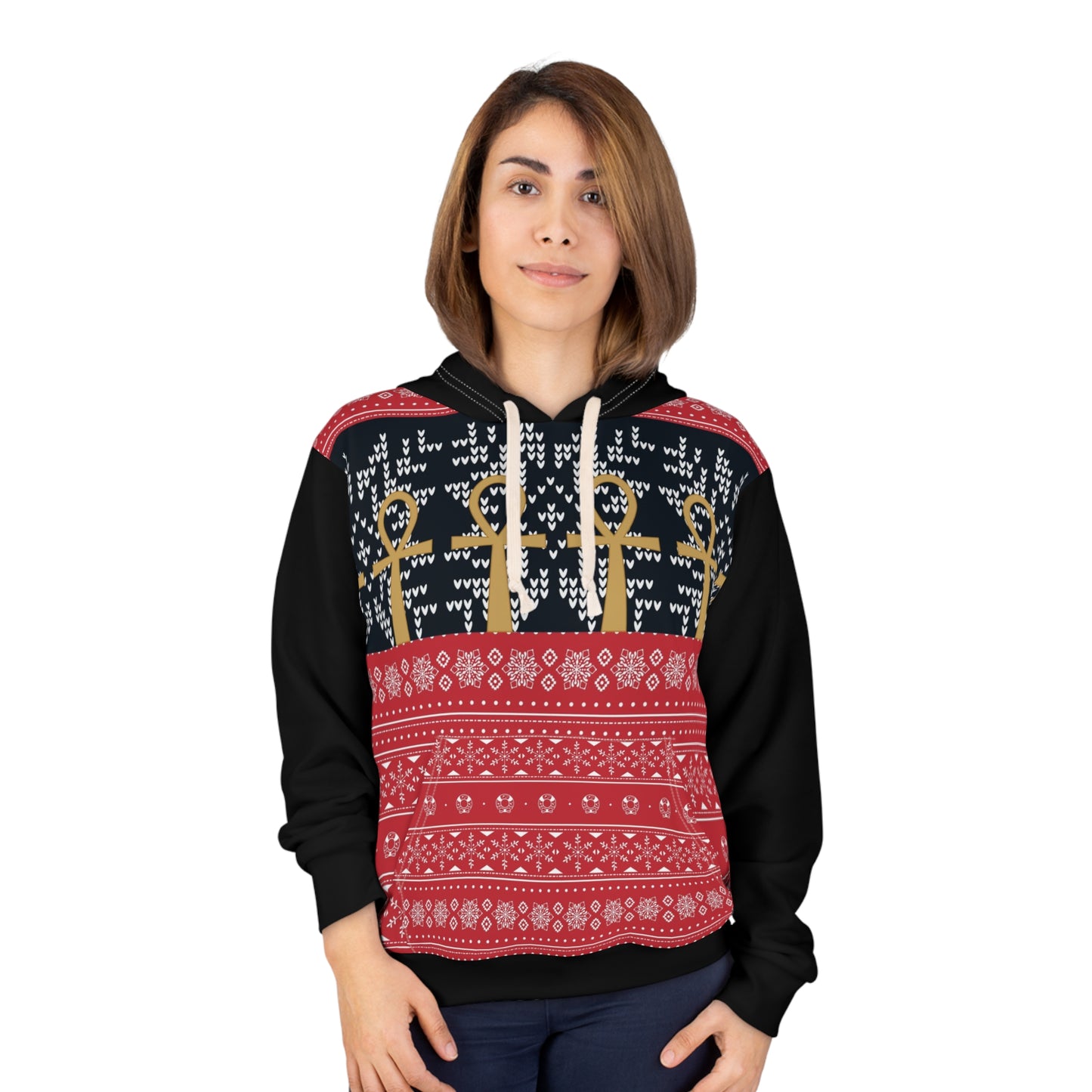 Ankh Christmas Unisex Pullover Hoodie (AOP), Red/ Black/ Gold