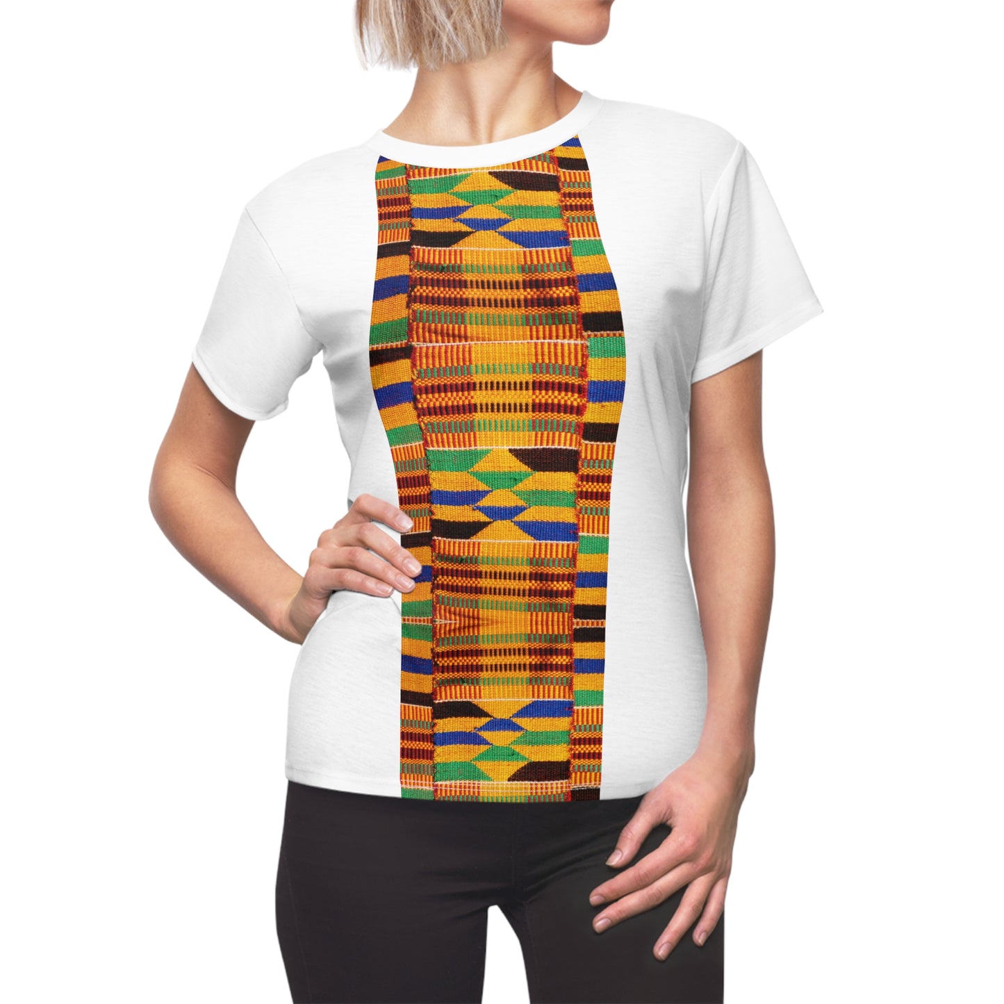 Kente Print Women's Cut & Sew Tee (AOP) stripe pattern/white