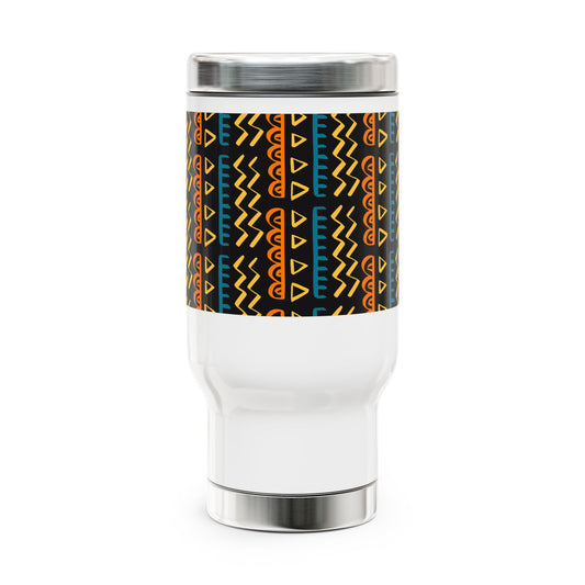 Tribal Print Stainless Steel Travel Mug with Handle, 14oz black/multicolor